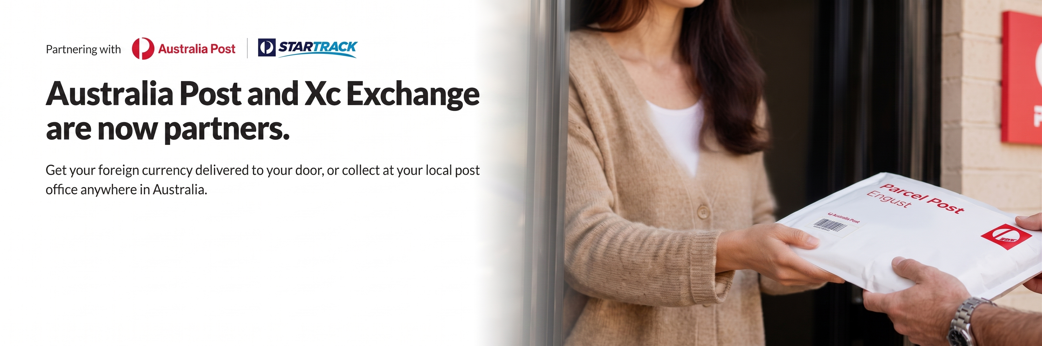 A customer receiving an Australia Post parcel at her front door.